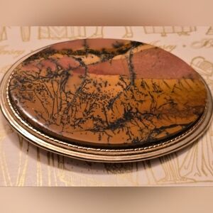 Lg. Belt Buckle Dendritic Jasper Goldtone Southwest Scenic Signed Corky 1982